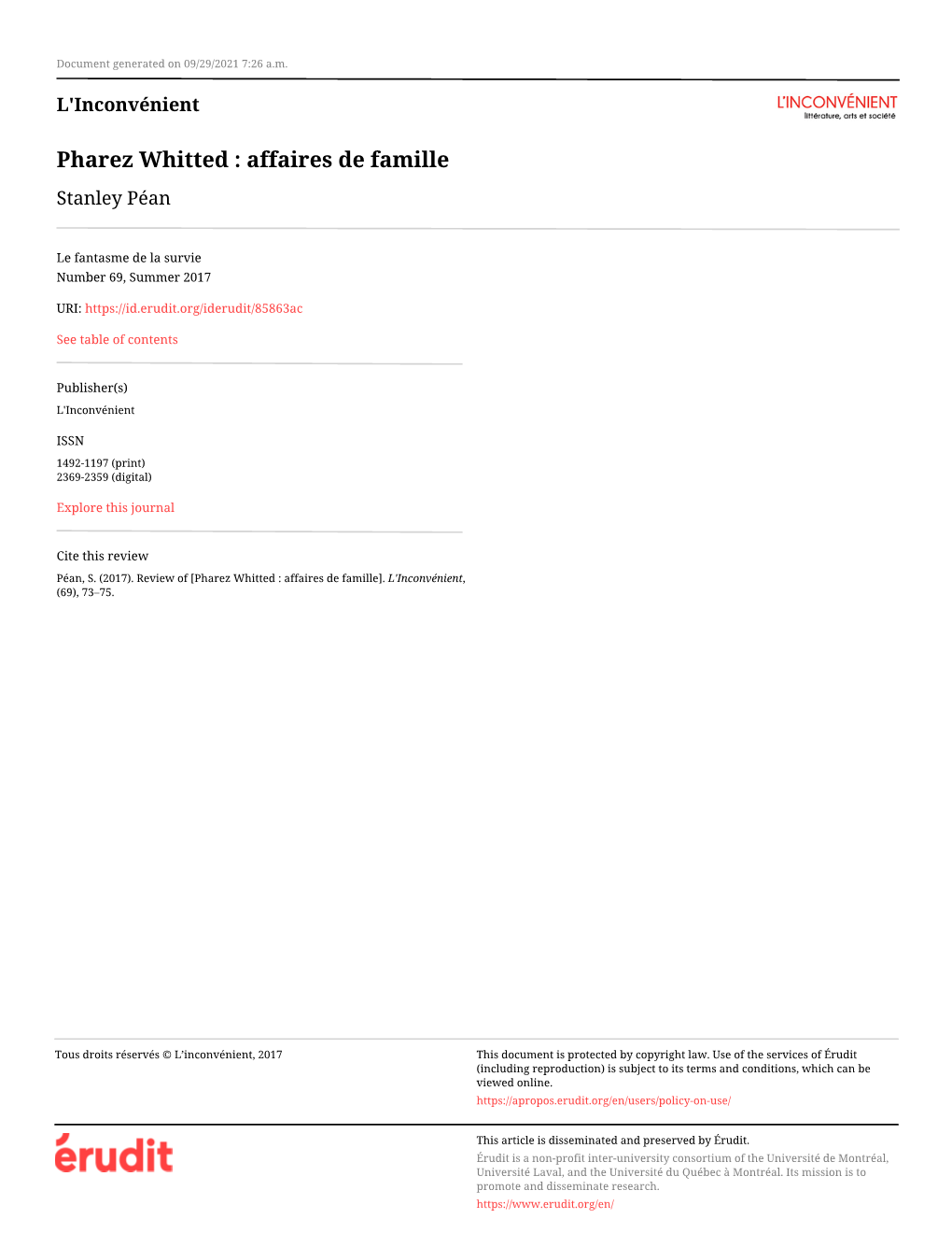 Pharez Whitted : Affaires De Famille Stanley Péan