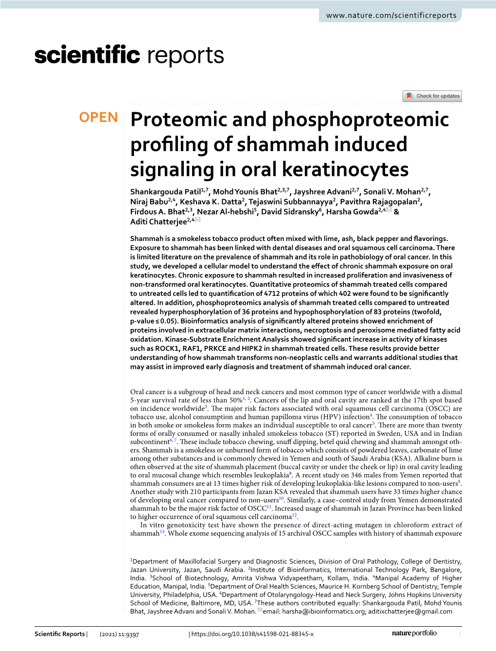 Proteomic and Phosphoproteomic Profiling of Shammah Induced