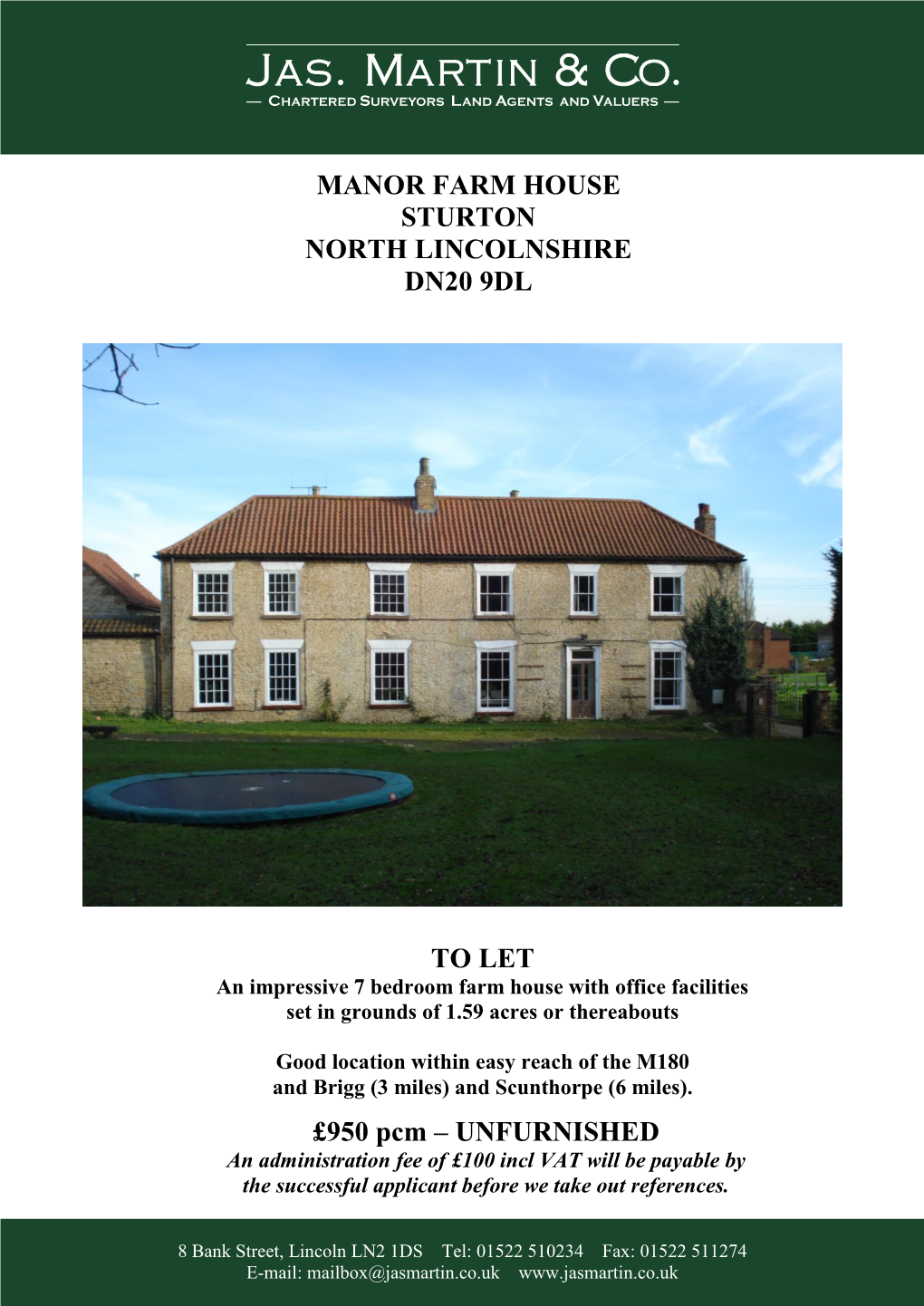 MANOR FARM HOUSE STURTON NORTH LINCOLNSHIRE DN20 9DL to LET £950 Pcm – UNFURNISHED