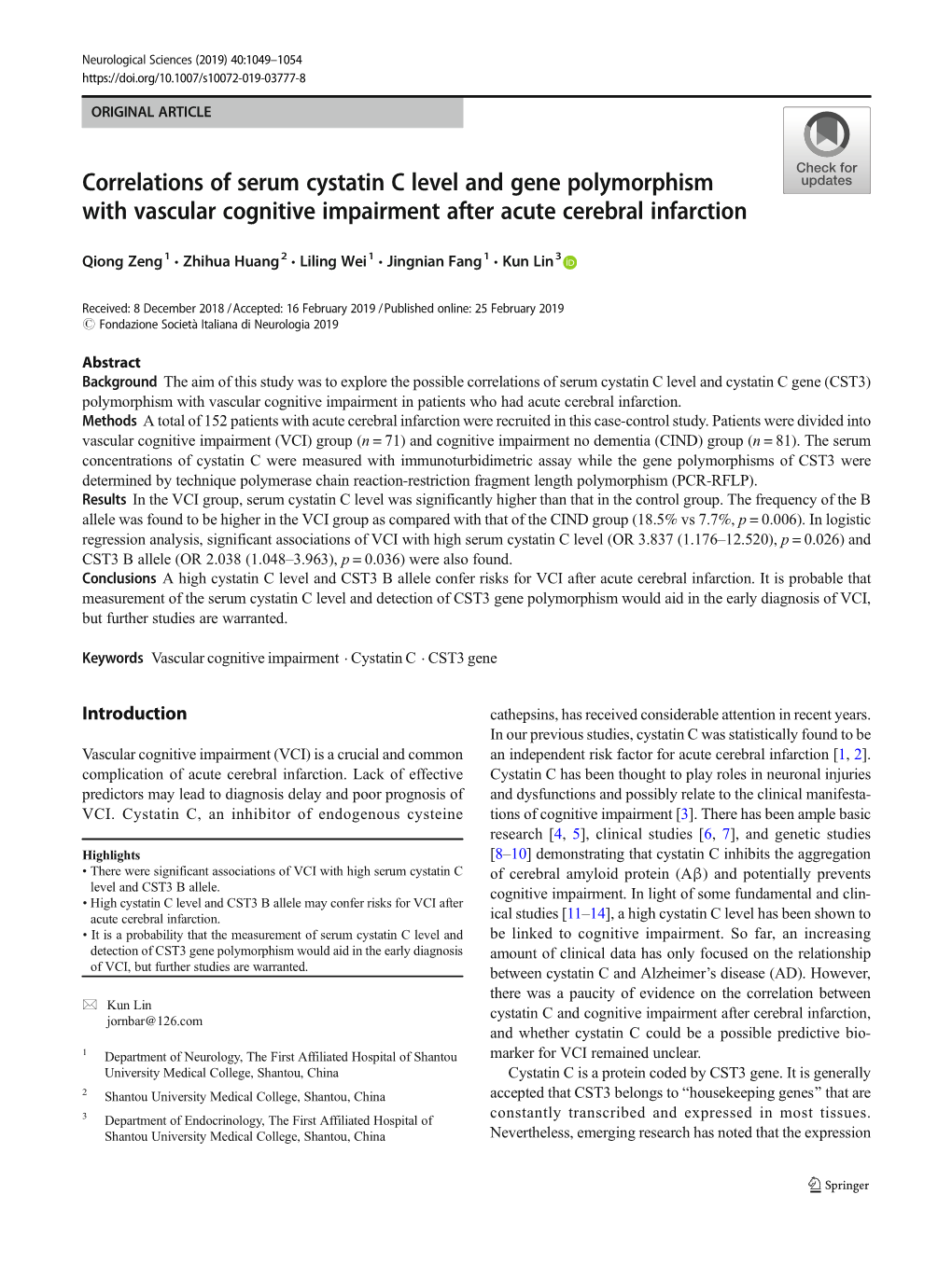 Correlations of Serum Cystatin C Level and Gene Polymorphism with Vascular Cognitive Impairment After Acute Cerebral Infarction