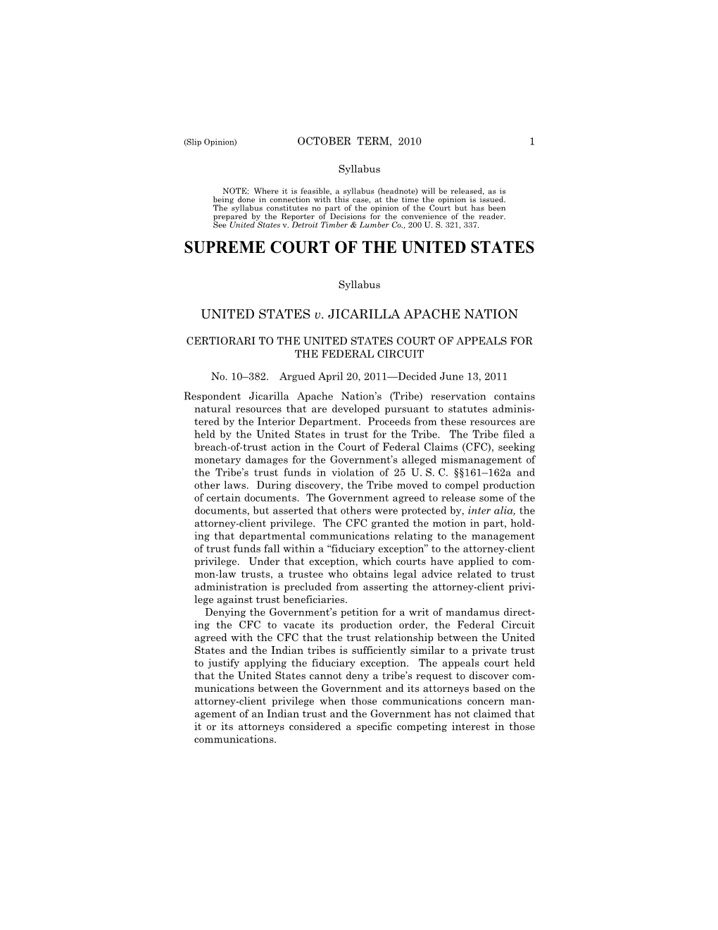 UNITED STATES V. JICARILLA APACHE NATION