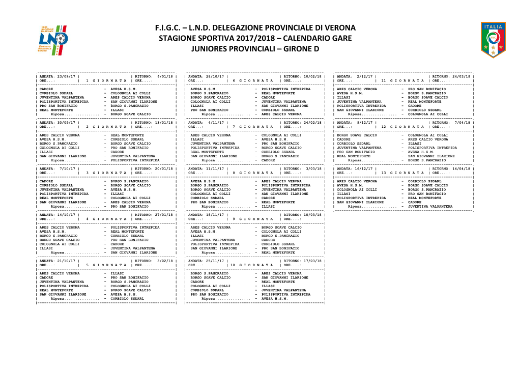 Calendario Gare Juniores Provinciali – Girone D