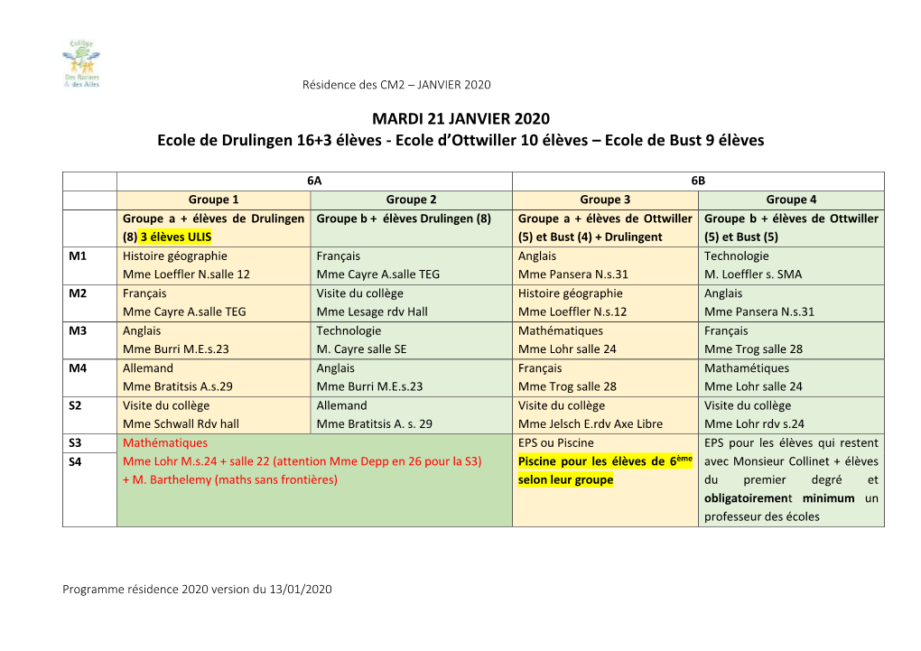 MARDI 21 JANVIER 2020 Ecole De Drulingen 16+3 Élèves - Ecole D’Ottwiller 10 Élèves – Ecole De Bust 9 Élèves