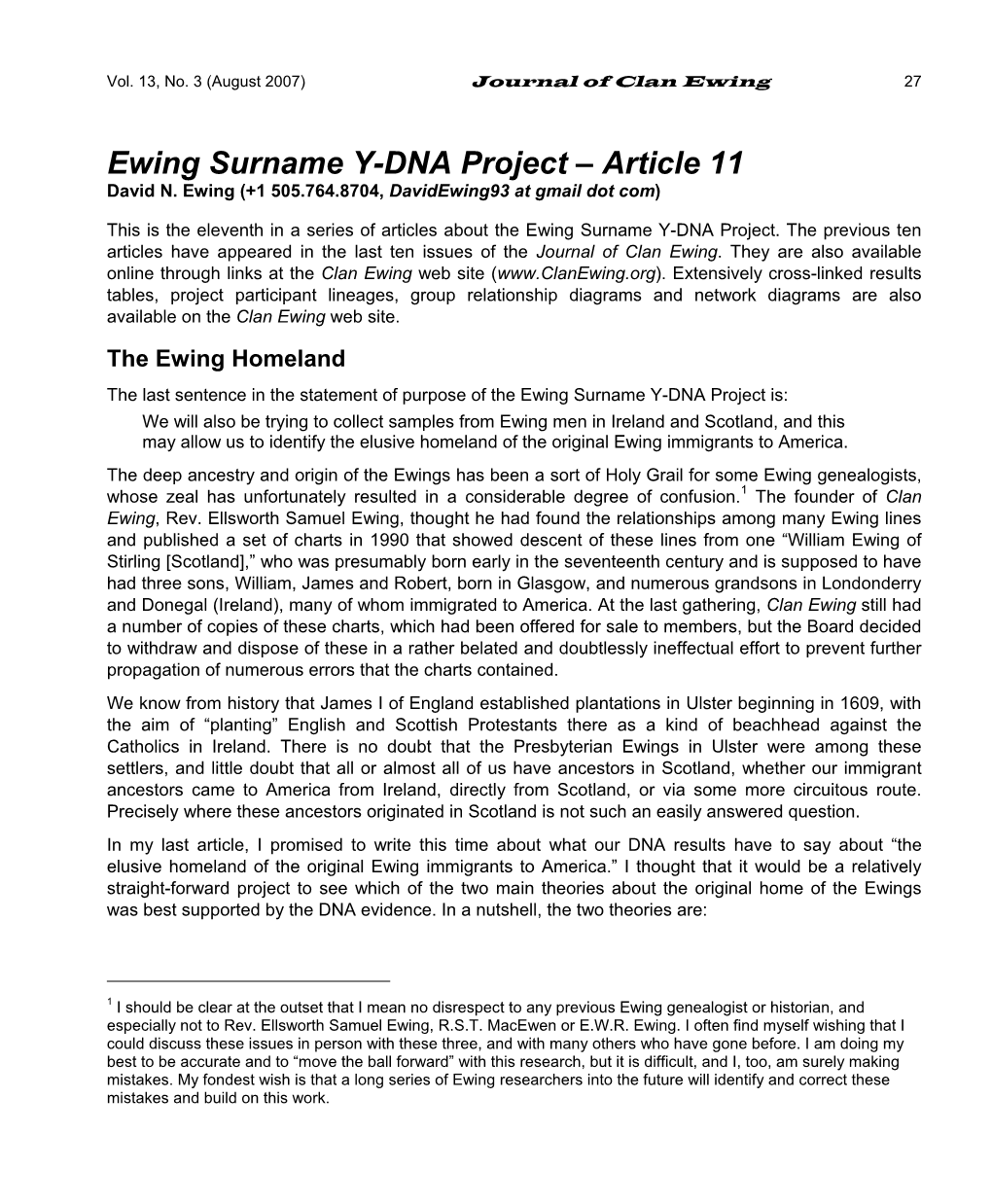 Ewing Surname Y-DNA Project – Article 11 David N