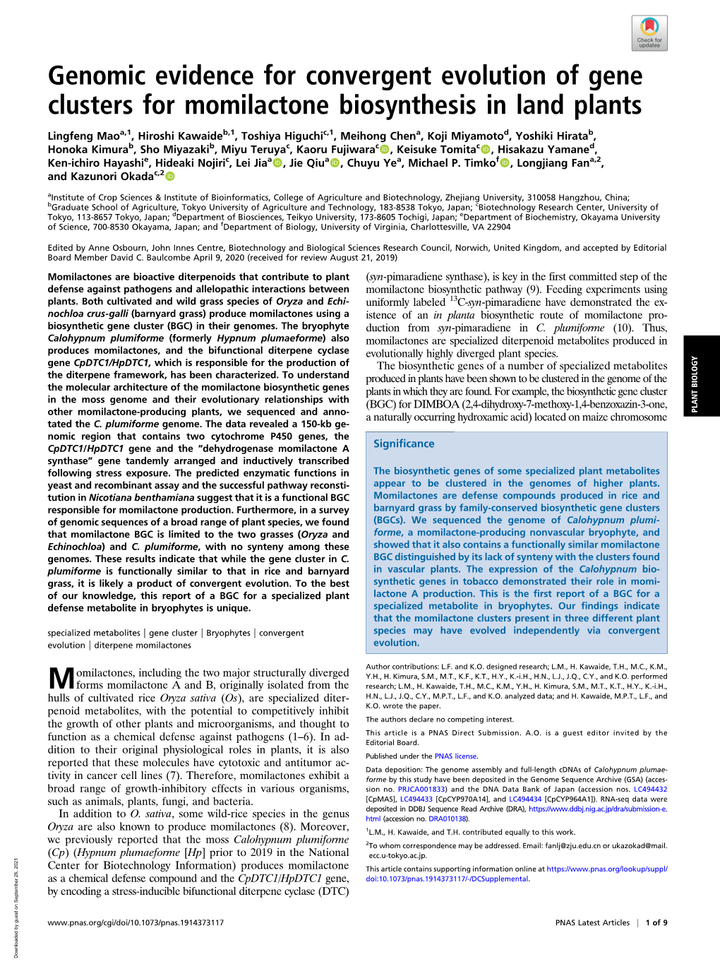 Genomic Evidence for Convergent Evolution of Gene Clusters for Momilactone Biosynthesis in Land Plants