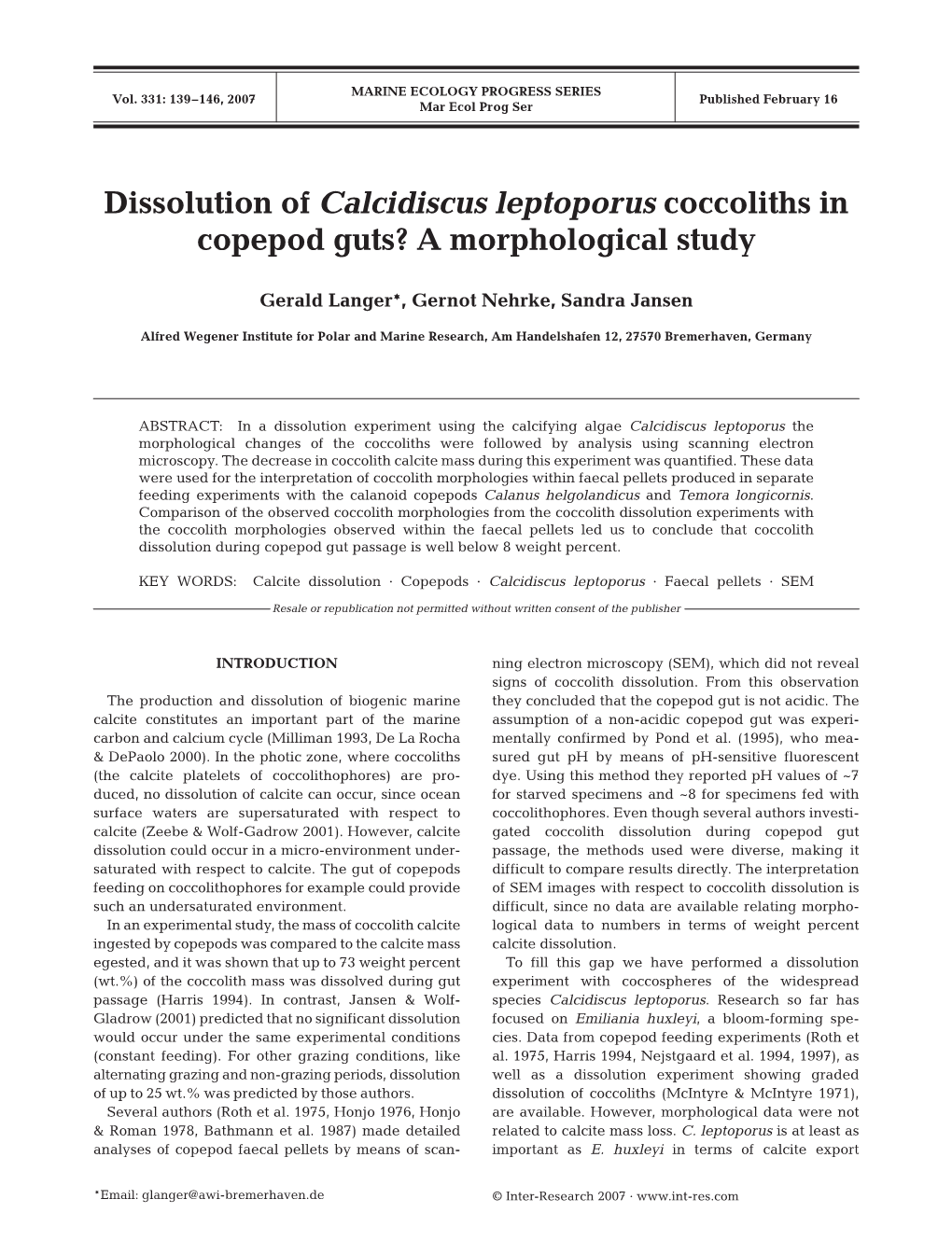 Dissolution of Calcidiscus Leptoporus Coccoliths in Copepod Guts? a Morphological Study