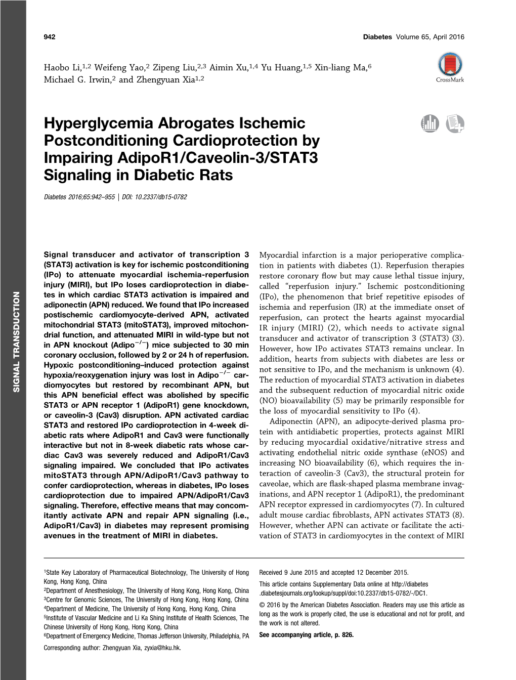 Hyperglycemia Abrogates Ischemic Postconditioning Cardioprotection by Impairing Adipor1/Caveolin-3/STAT3 Signaling in Diabetic Rats