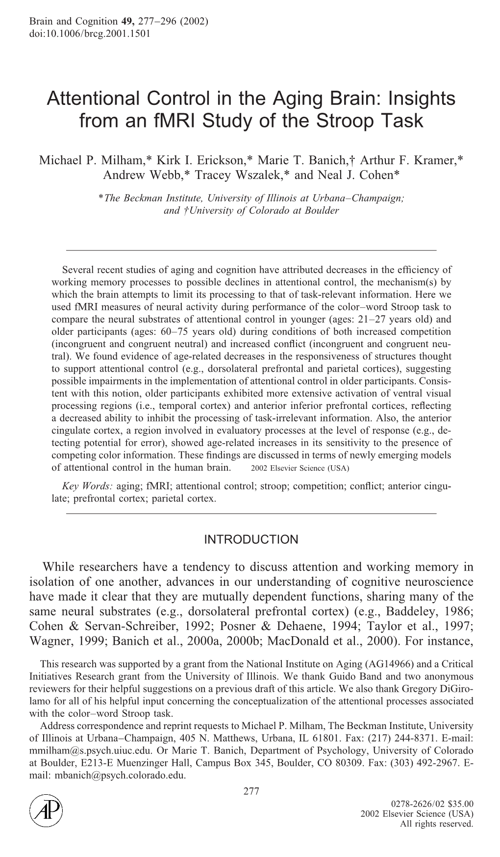 Attentional Control in the Aging Brain: Insights from an Fmri Study of the Stroop Task