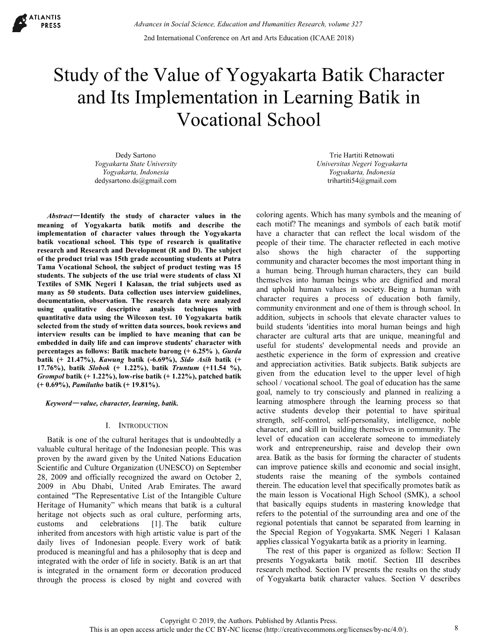 Study of the Value of Yogyakarta Batik Character and Its Implementation in Learning Batik in Vocational School