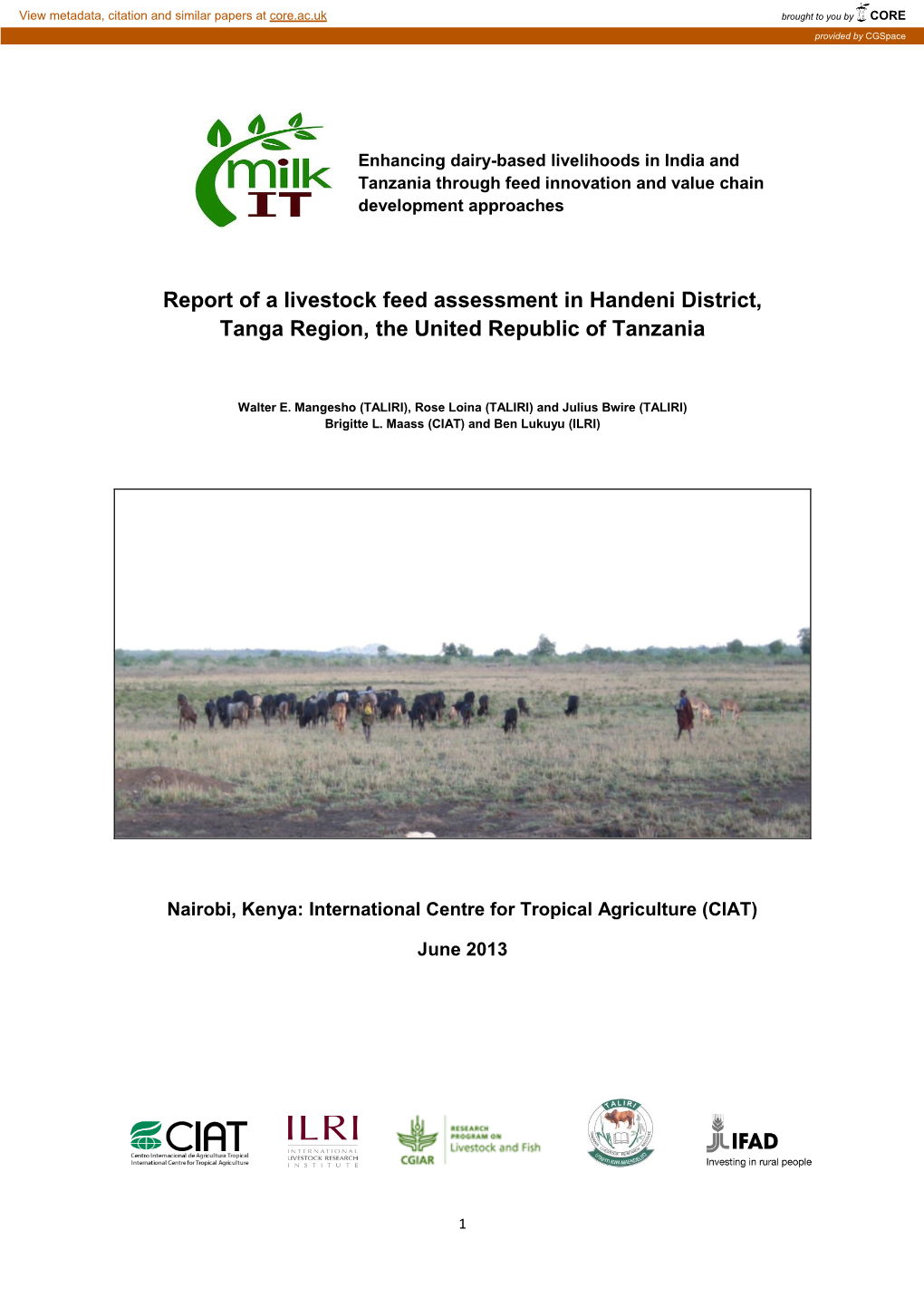 Report of a Livestock Feed Assessment in Handeni District, Tanga Region, the United Republic of Tanzania