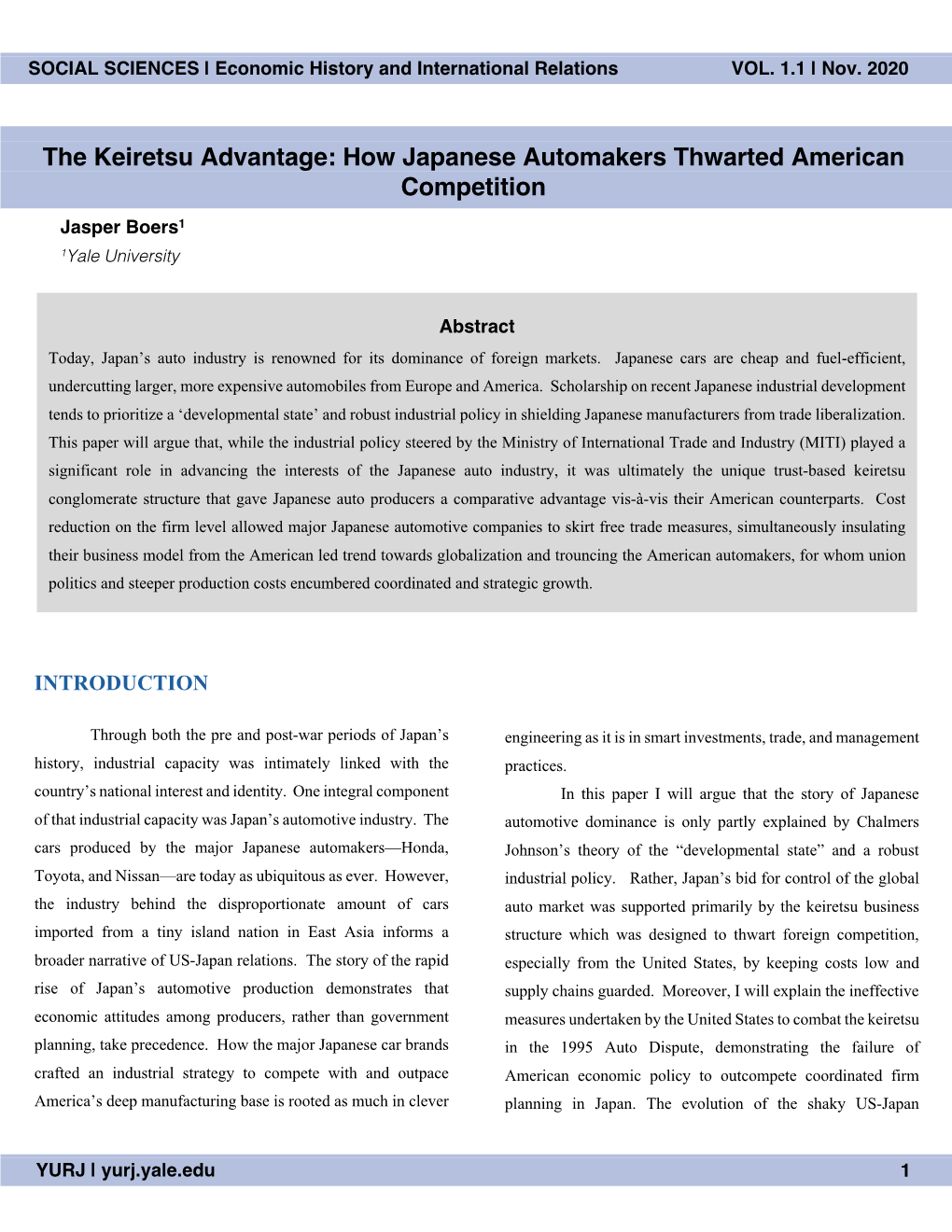 The Keiretsu Advantage: How Japanese Automakers Thwarted American Competition Jasper Boers1 1Yale University