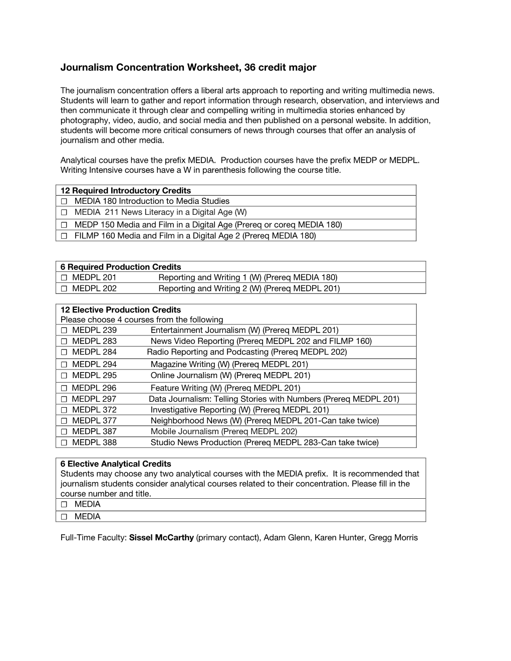 Journalism Concentration Worksheet, 36 Credit Major