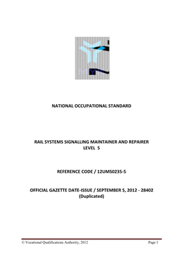 National Occupational Standard Rail Systems Signalling Maintainer and Repairer Level 5 Reference Code / 12Ums0235-5 Official Ga