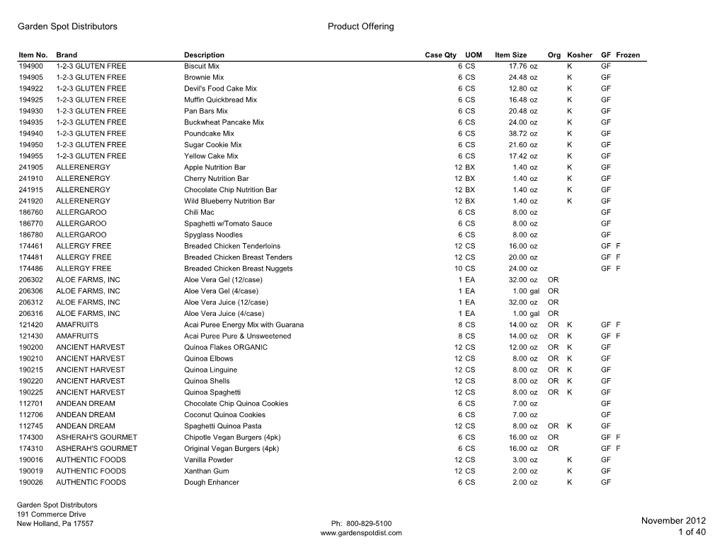 Garden Spot Distributors Product Offering November 2012 1 of 40