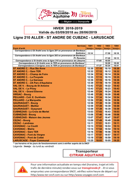 Ligne 210 ALLER - ST ANDRE DE CUBZAC - LARUSCADE