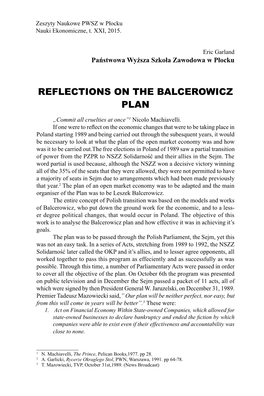 Reflections on the Balcerowicz Plan Eric Garland