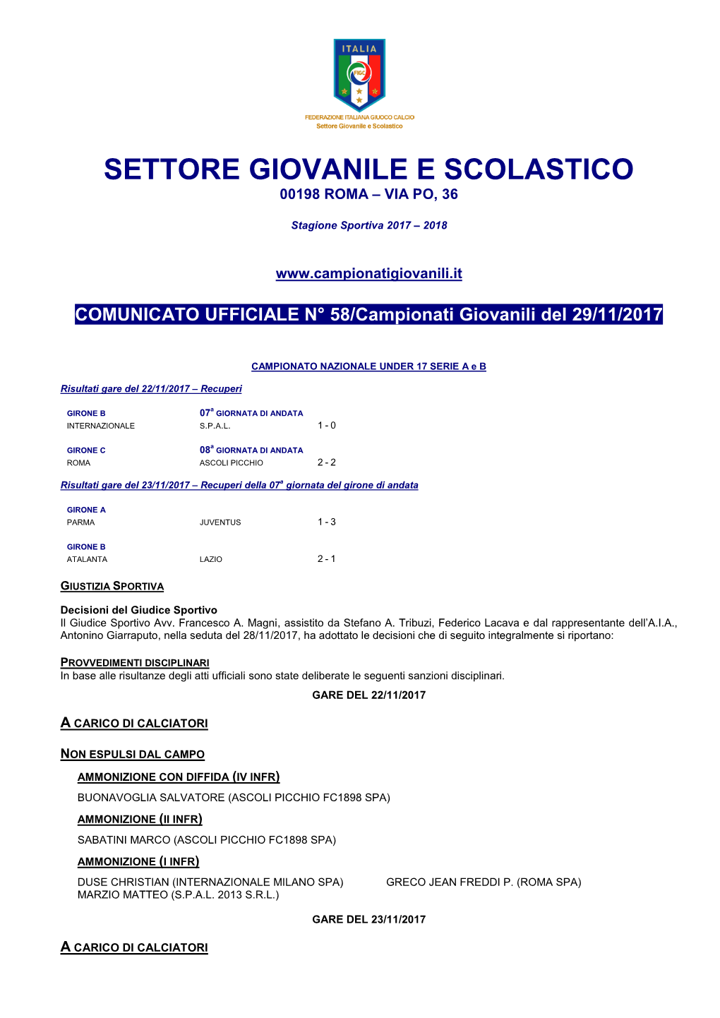 Settore Giovanile E Scolastico 00198 Roma – Via Po, 36