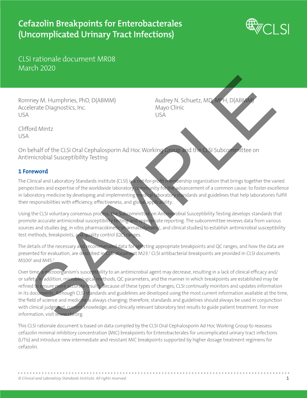 Cefazolin Breakpoints for Enterobacterales (Uncomplicated Urinary Tract Infections)