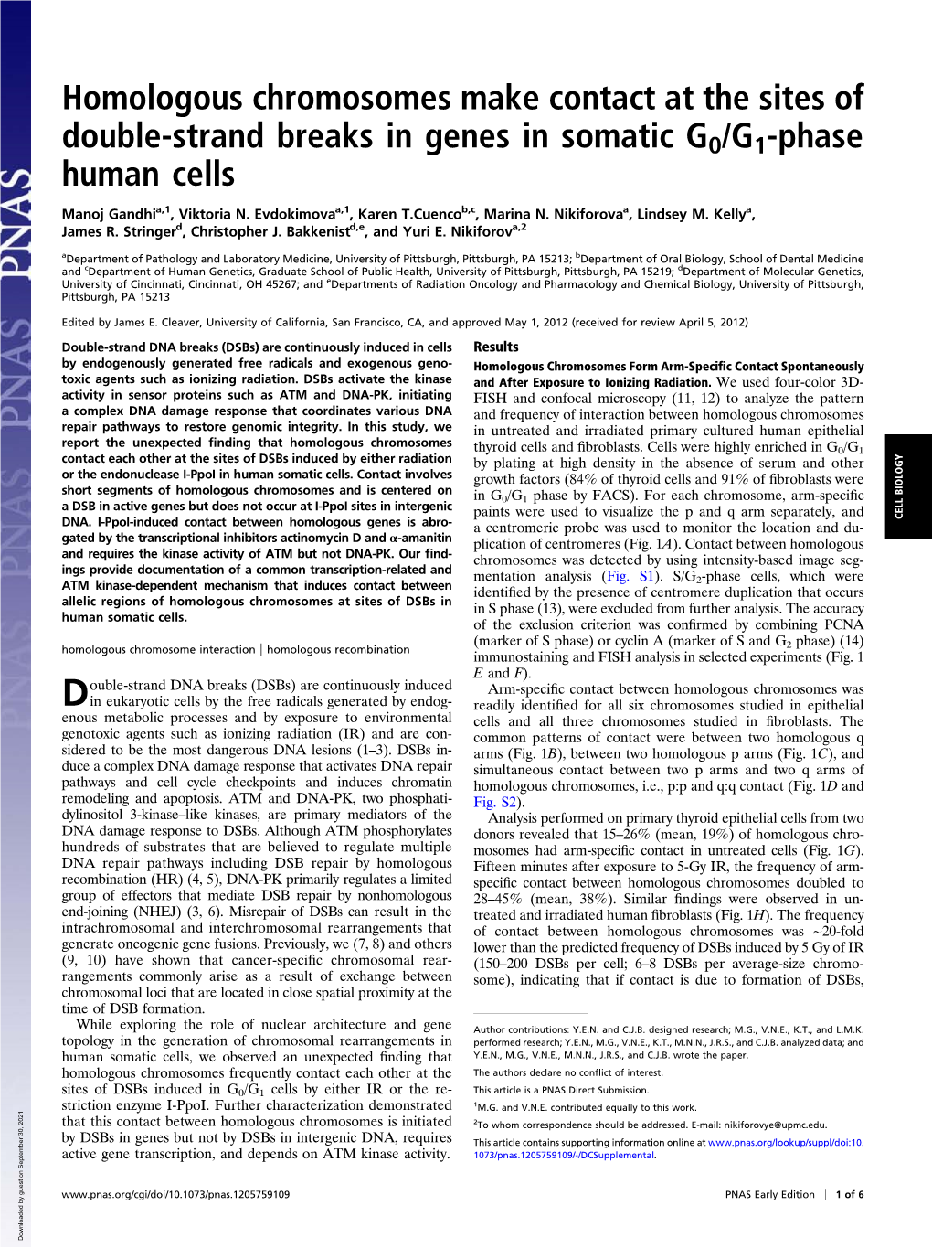 Homologous Chromosomes Make Contact at the Sites of Double-Strand Breaks in Genes in Somatic G0/G1-Phase Human Cells