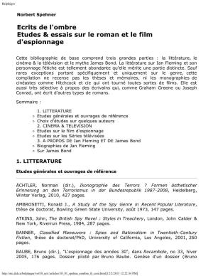 Ecrits De L'ombre Etudes & Essais Sur Le Roman Et Le Film D'espionnage