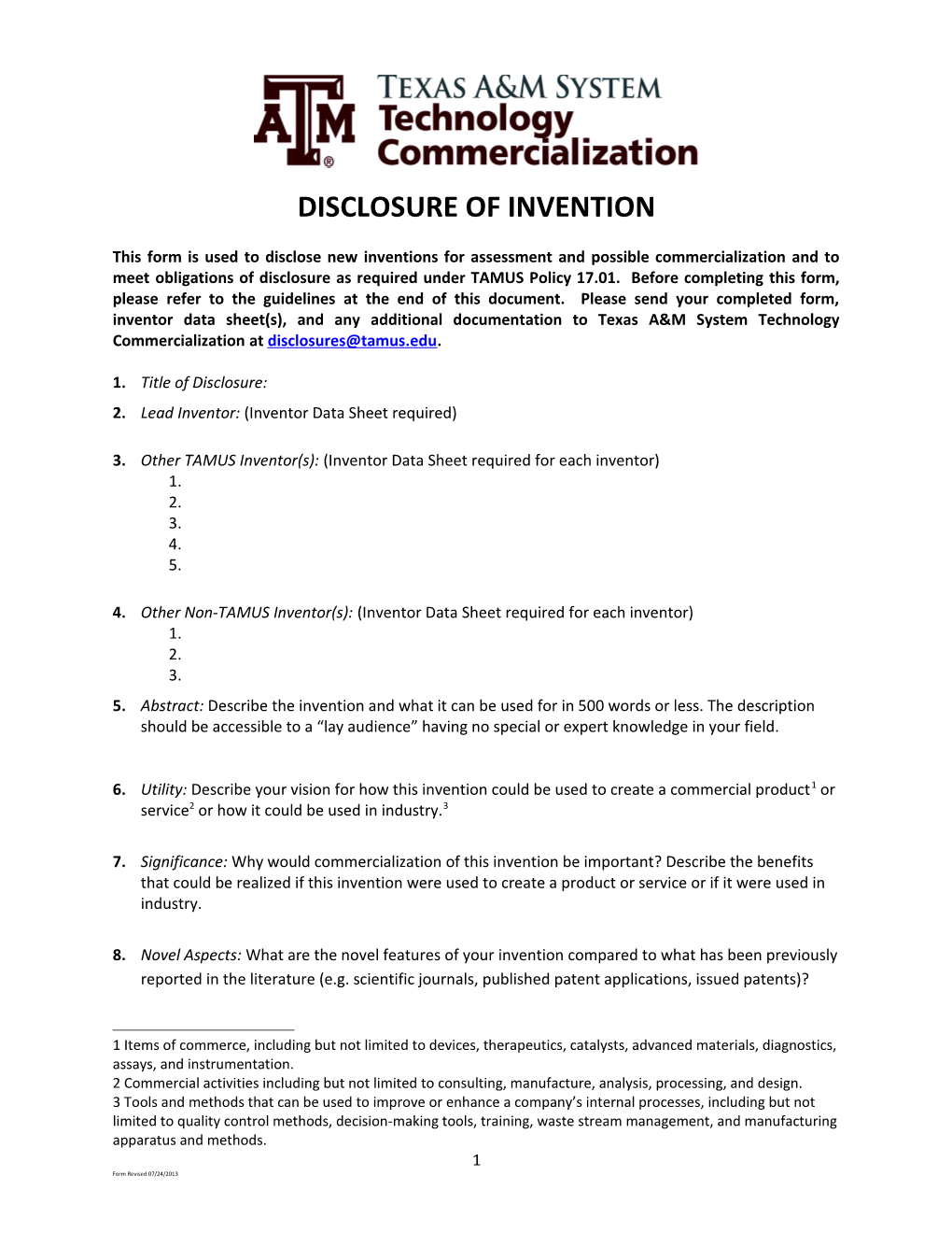 Commercialization Proposal Form / Invention Disclosure