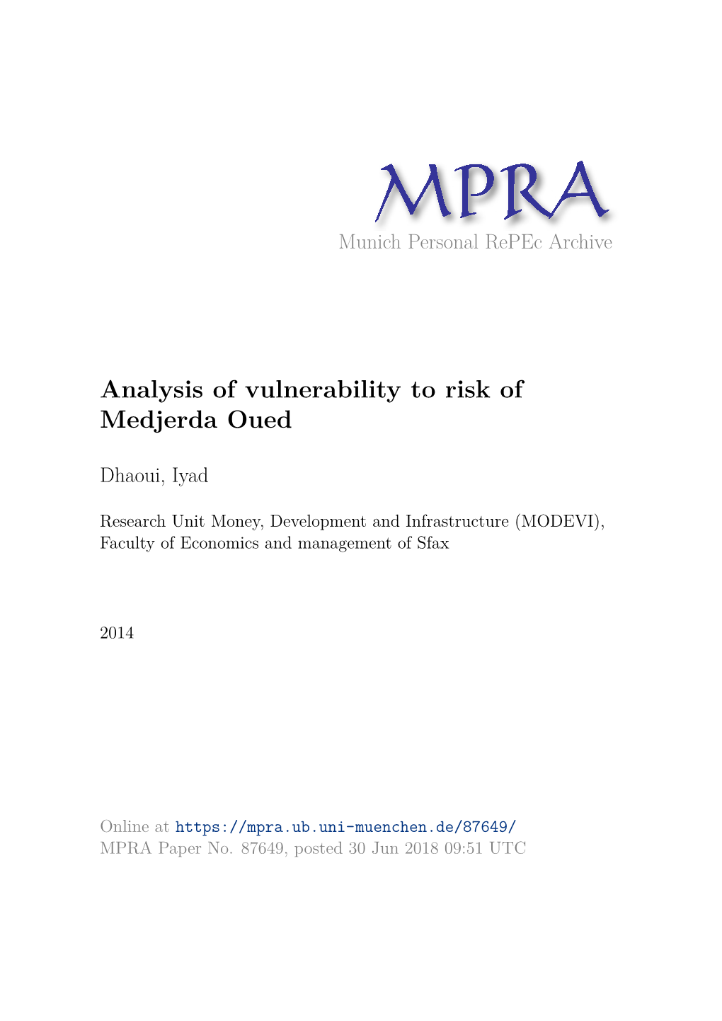 Analysis of Vulnerability to Risk of Medjerda Oued