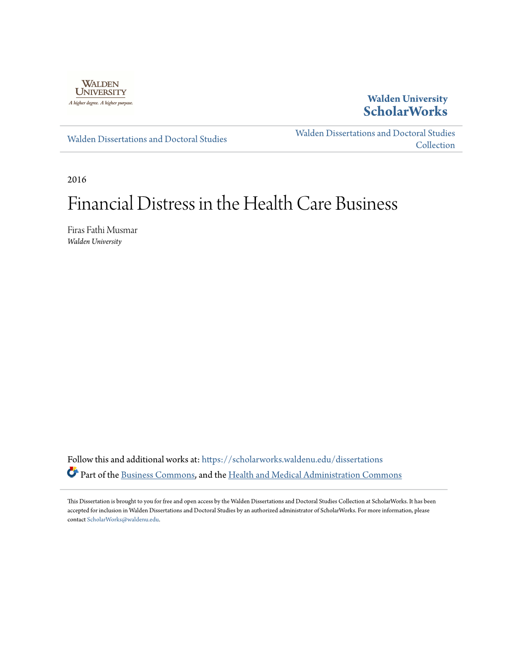 Financial Distress in the Health Care Business Firas Fathi Musmar Walden University