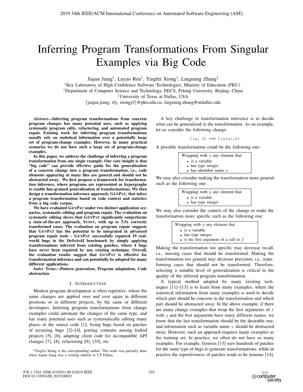 Inferring Program Transformations from Singular Examples Via Big Code