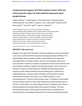 Compound Heterozygous SLC19A3 Mutations Further Refine the Critical Promoter Region for Biotin-Thiamine-Responsive Basal Ganglia Disease