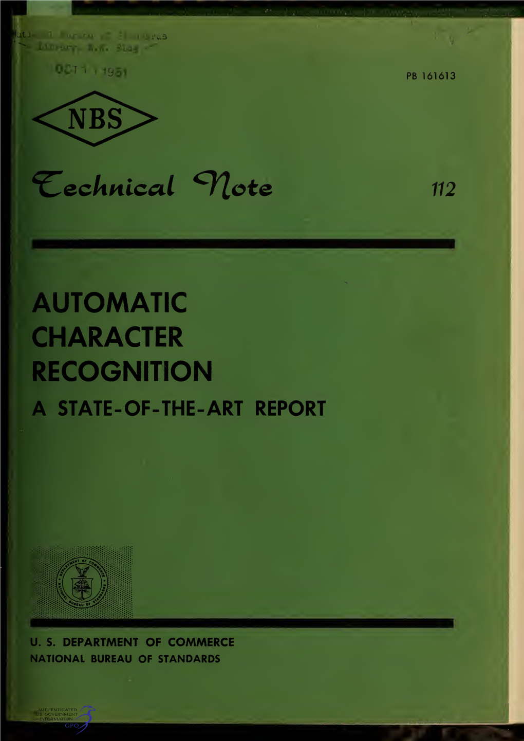 Automatic Character Recognition : a State-Of-The-Art Report