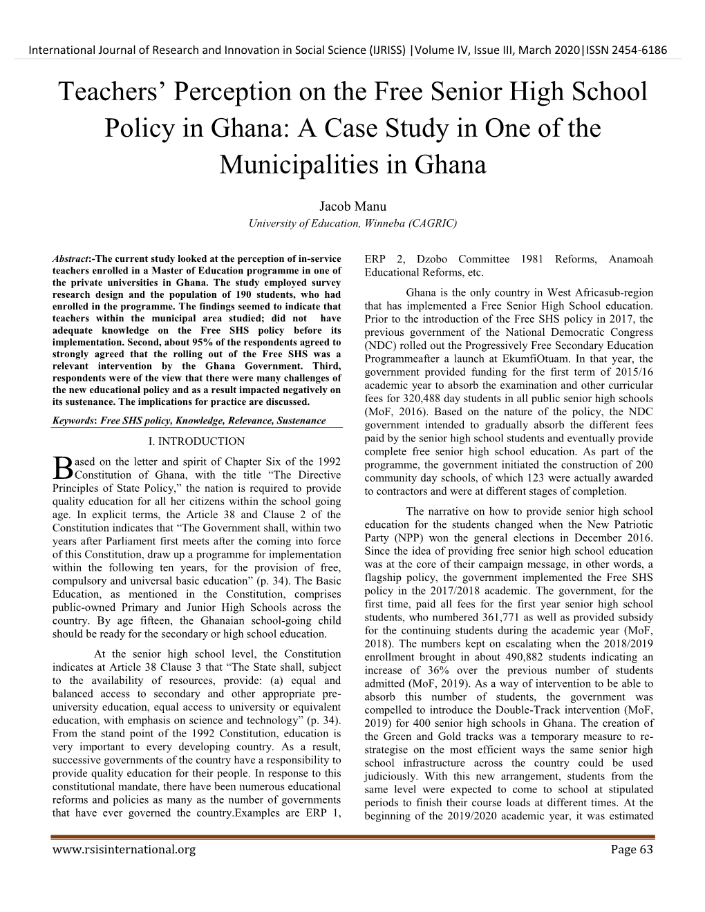 Teachers' Perception on the Free Senior High School Policy in Ghana