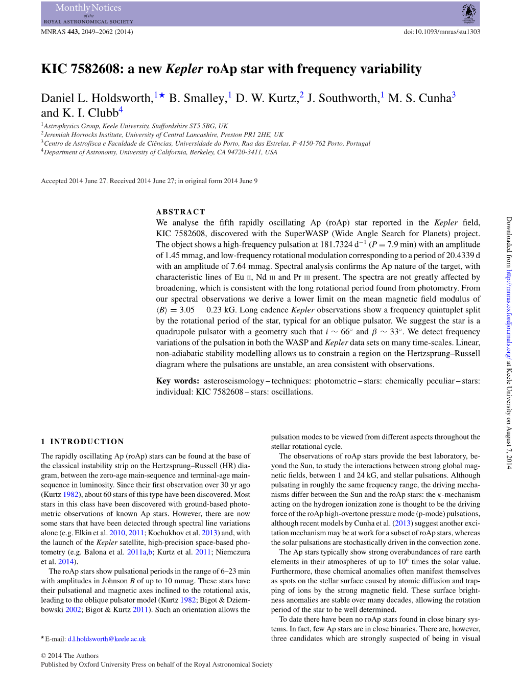 KIC 7582608: a New Kepler Roap Star with Frequency Variability