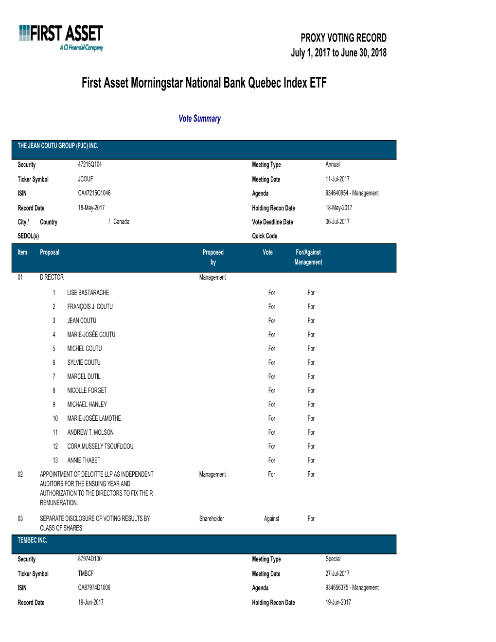 First Asset Morningstar National Bank Quebec Index ETF