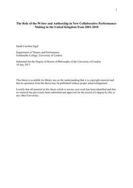 The Role of the Writer and Authorship in New Collaborative Performance- Making in the United Kingdom from 2001-2010