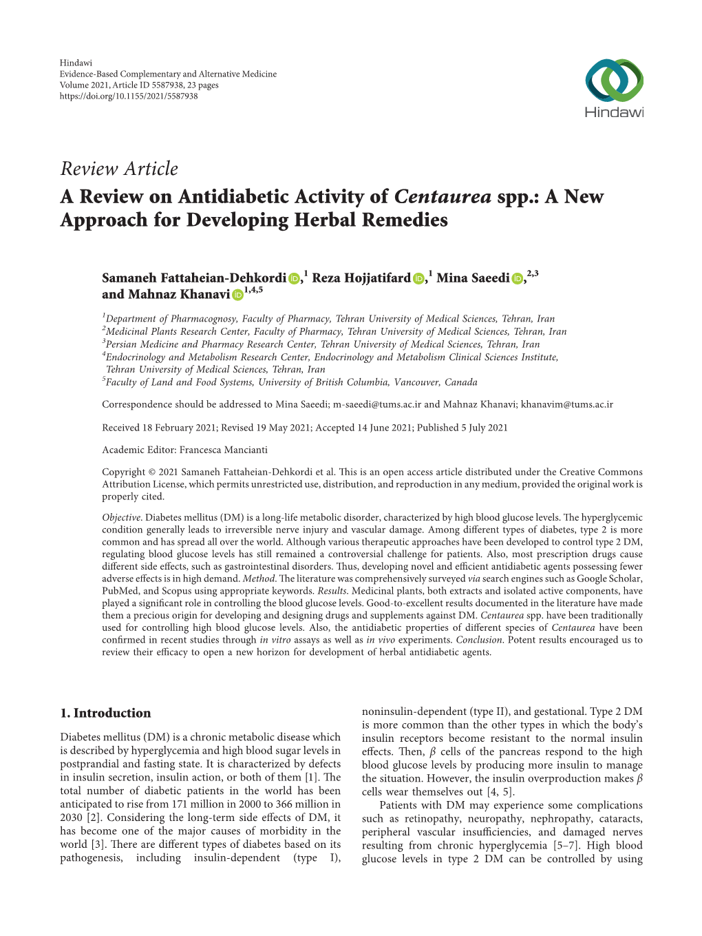 A Review on Antidiabetic Activity of Centaurea Spp.: a New Approach for Developing Herbal Remedies