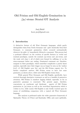 Old Frisian and Old English Gemination in /Ja/-Stems: Stratal OT Analysis