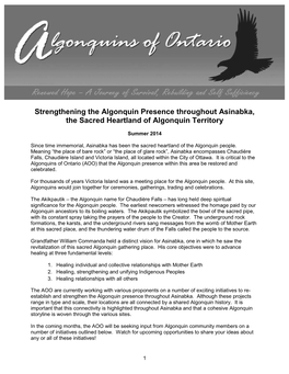 Strengthening the Algonquin Presence Throughout Asinabka, the Sacred Heartland of Algonquin Territory