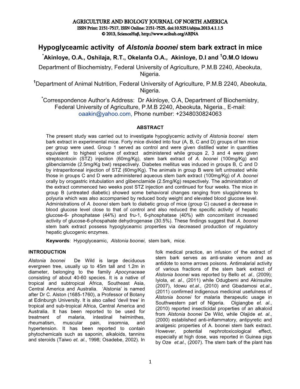 Hypoglyceamic Activity of Alstonia Boonei Stem Bark Extract in Mice