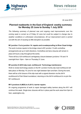 Planned Roadworks in the East of England: Weekly Summary for Monday 25 June to Sunday 1 July 2018