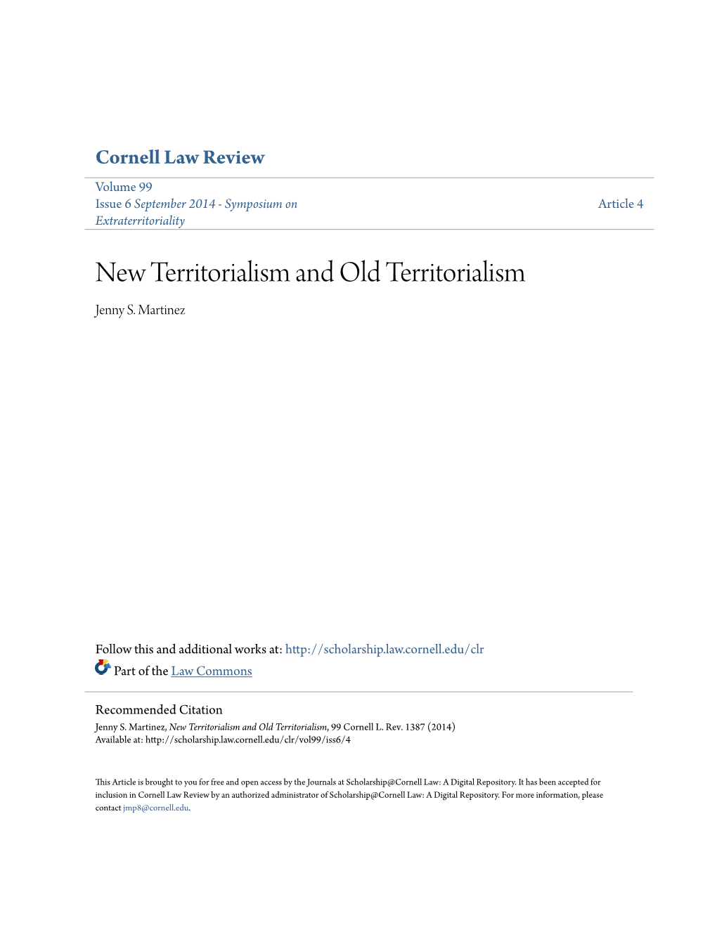 New Territorialism and Old Territorialism Jenny S