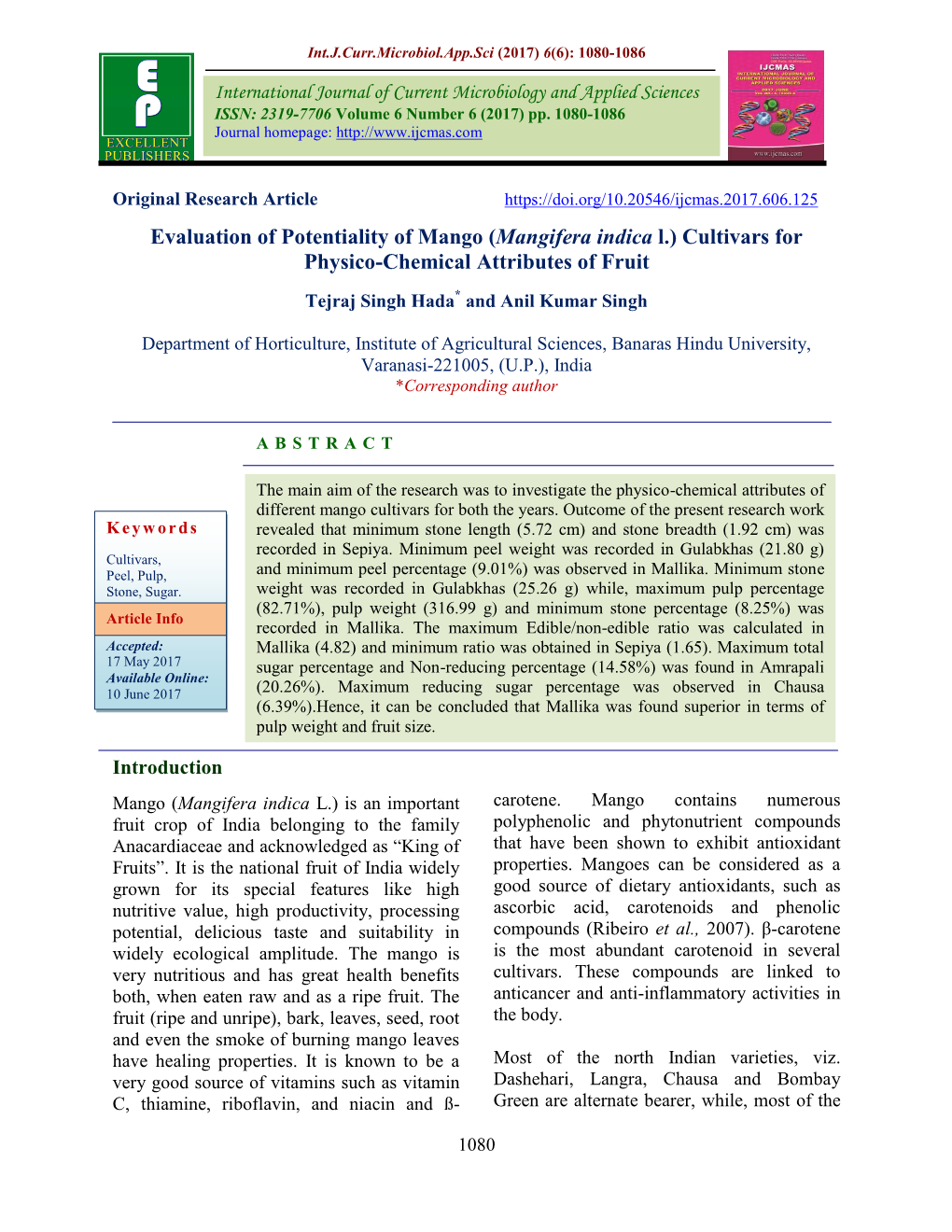 (Mangifera Indica L.) Cultivars for Physico-Chemical Attributes of Fruit