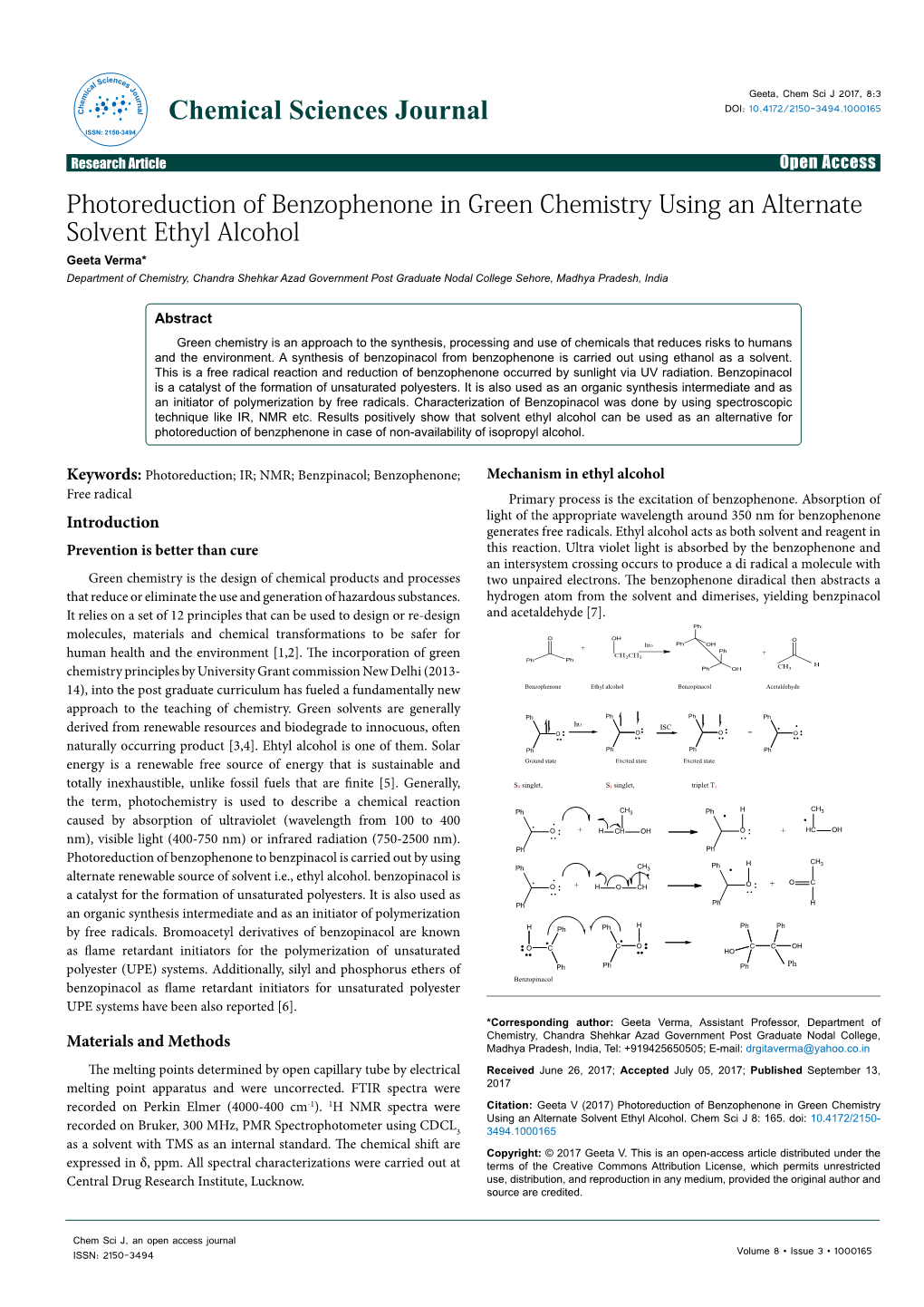 Photoreduction of Benzophenone in Green