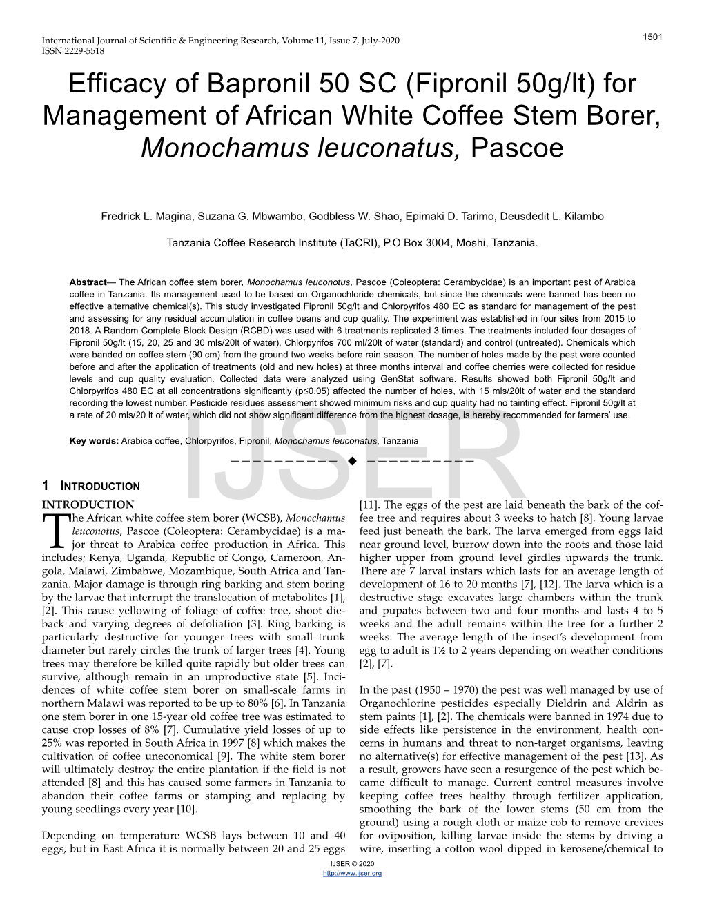 (Fipronil 50G/Lt) for Management of African White Coffee Stem Borer, Monochamus Leuconatus, Pascoe