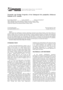 Taxonomic and Ecologic Properties of the Endangered Iris Pamphylica (Iridaceae) Endemic to S.W. Anatolia INTRODUCTION MATERIALS