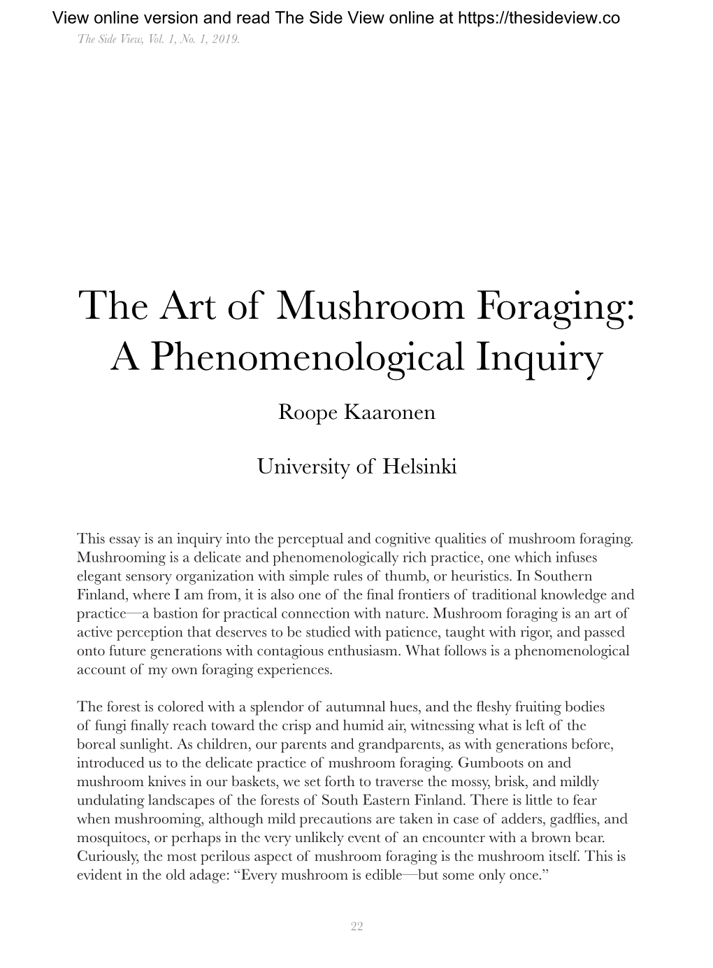 The Art of Mushroom Foraging: a Phenomenological Inquiry Roope Kaaronen