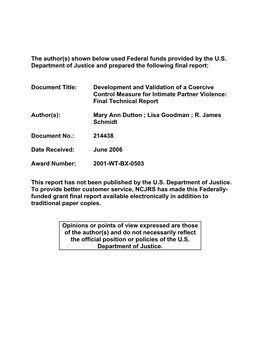 Development and Validation of a Coercive Control Measure for Intimate Partner Violence: Final Technical Report