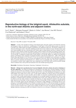 Reproductive Biology of the Loliginid Squid, Alloteuthis Subulata, in the North-East Atlantic and Adjacent Waters