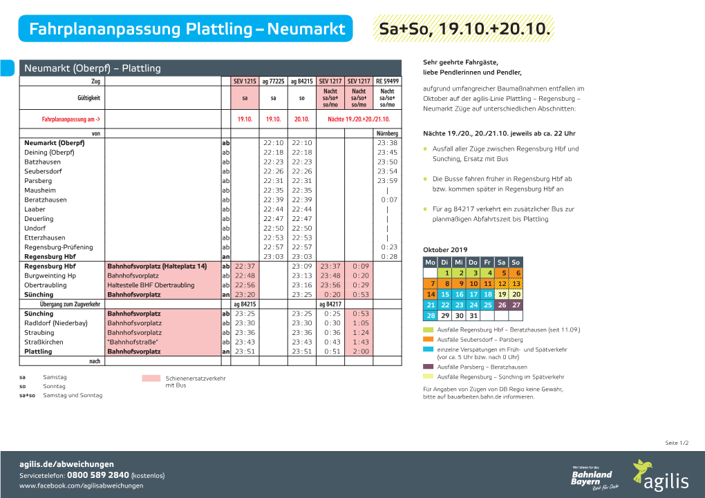 Fahrplananpassung Plattling – Neumarkt Sa+So, 19.10.+20.10