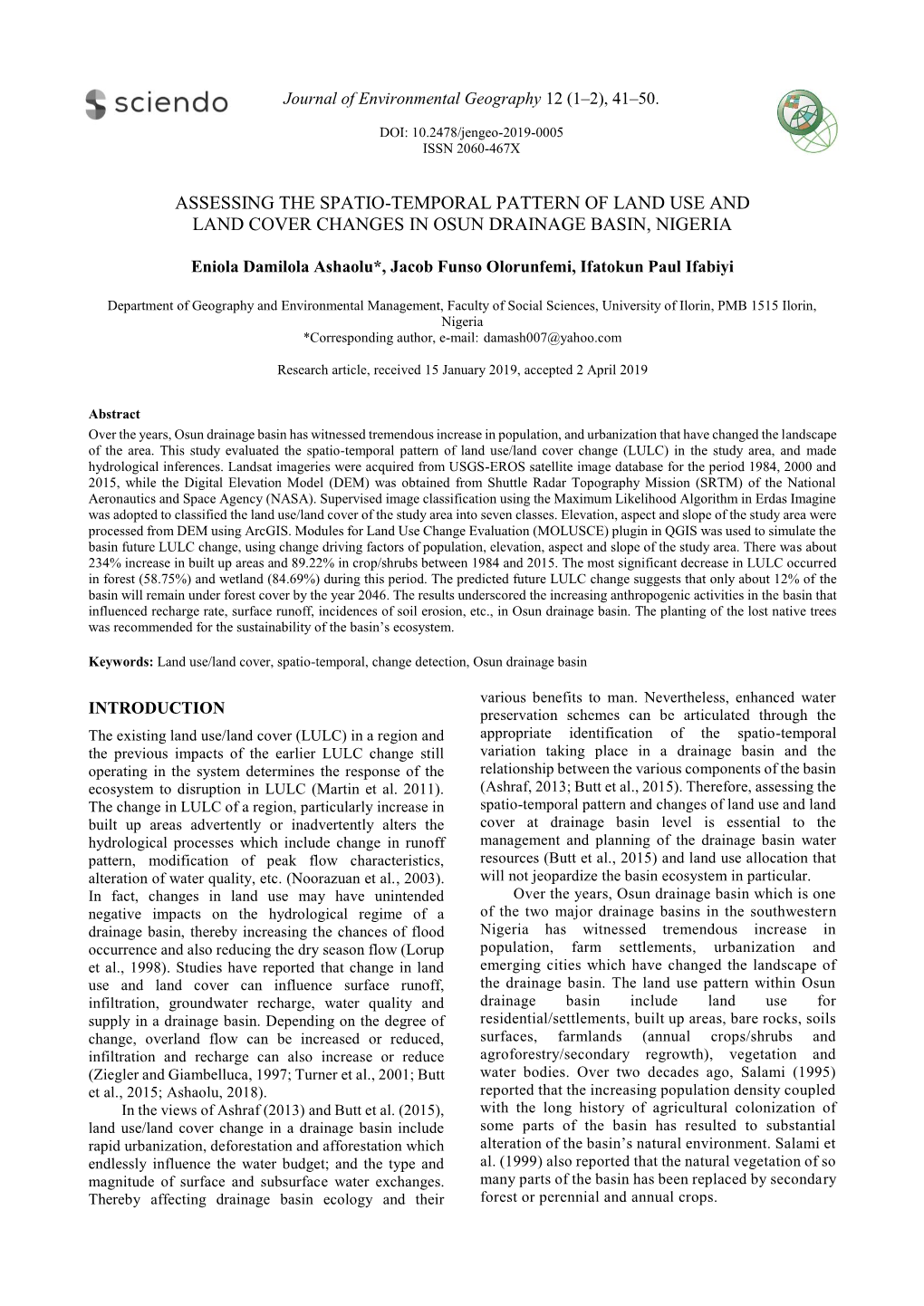 Assessing the Spatio-Temporal Pattern of Land Use and Land Cover Changes in Osun Drainage Basin, Nigeria