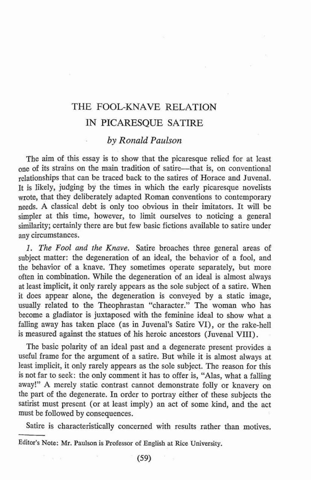 THE FOOL-KNAVE RELATION in PICARESQUE SATIRE by Ronald Paulson